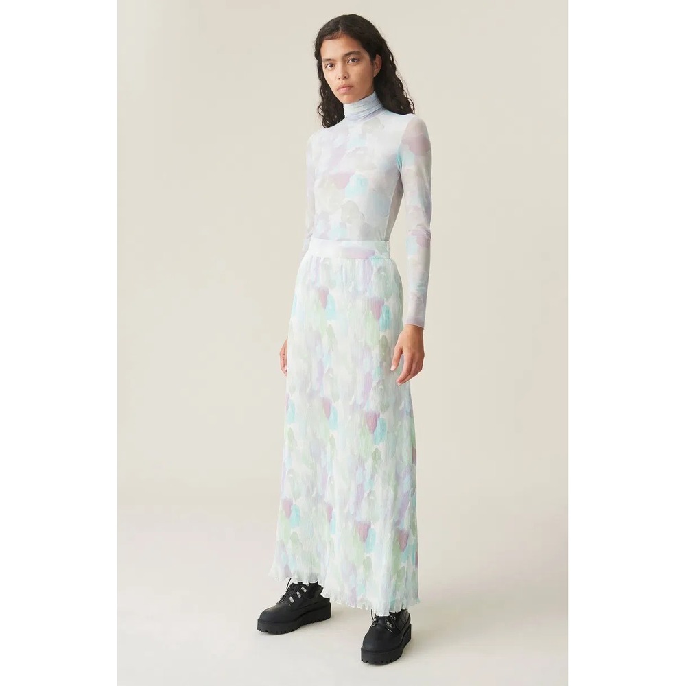 GANNI Pleated Maxi Skirt Large Mint Green Watercolor Plisse Flowy Chic Scandi